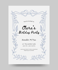 Birthday invitation with hand drawn floral and ribbon illustration. floral frame line art style. Perfect for card, poster, flyer