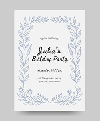 Birthday invitation with hand drawn floral illustration. floral frame line art style. Perfect for card, poster, flyer