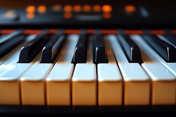 Close-up view of piano keys in a musical instrument.