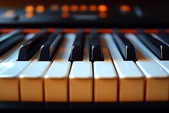 Close-up view of piano keys in a musical instrument.