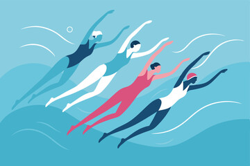 Create a vector illustration of a synchronized swimming team forming a fluid, elegant shape underwater.  Emphasis on graceful movement and dynamic poses.