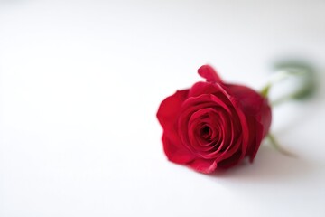 single red rose lays gracefully on pristine white surface symbolizing romance and simplicity