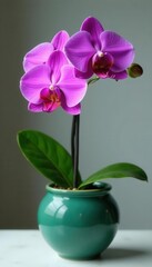 Lush purple orchid in elegant green ceramic container , plant, leaves, beautiful