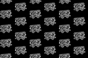 classic minecart train doodle seamless pattern on black background for miner, explorer, adventure old trolley cart engraving pattern background. retro mine trolley hatching illustration wallpaper