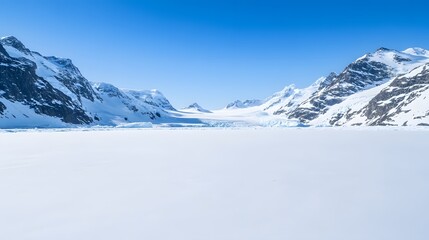 Stunning Antarctic Landscape Frozen Lake Surrounded by Majestic Snow Covered Mountains under a Clear Blue Sky