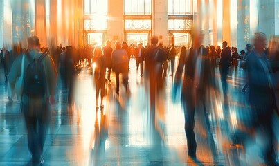 Blurry crowded indoor space with people walking towards bright backlight, creating a dynamic and energetic atmosphere with warm and cool color tones