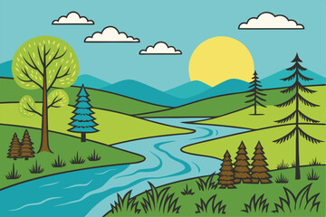 Create a vector illustration of a verdant river valley in springtime, using only solid green tones, showcasing rolling hills and a meandering river. © enola