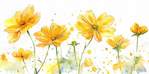 Yellow cosmos flowers image mix with painted watercolor on paper