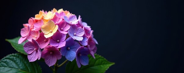 Multicolored hydrangea against dark background, black, design