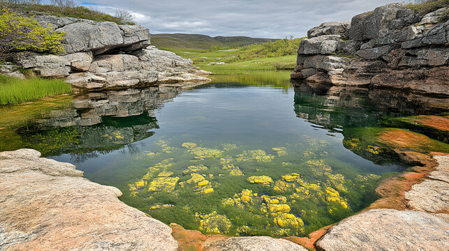 Serene natural pool nestled between rocky outcrops, showcasing vibrant yellow-green algae and crystal-clear water reflecting the sky and surrounding landscape.