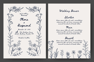 Wedding invitation and menu set with hand drawn floral illustration. floral frame line art style. Perfect for card, poster, flyer