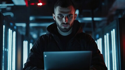 Serious man working late on laptop in dark server room with blue lights data code male cool night