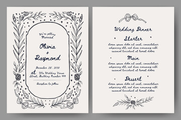 Wedding invitation and menu set with hand drawn floral and ribbon illustration. Whimsical floral frame. Perfect for card, poster, flyer