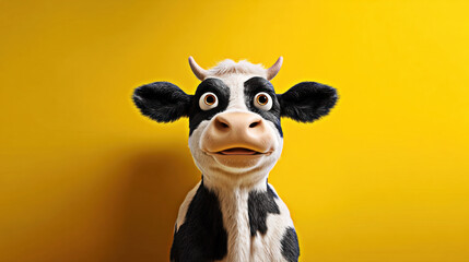 This charming cartoon cow features expressive eyes and a cheerful demeanor, set against a vibrant yellow backdrop.