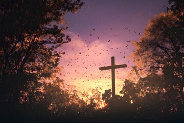 Ascension day concept: Silhouette the cross on autumn sunset background