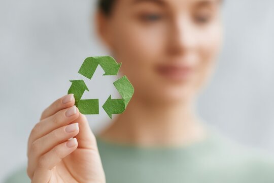 thoughtful individual holding recyclable item against blurred background symbolizes eco-awareness