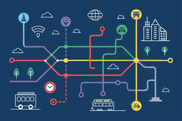 Create a vibrant vector illustration of a detailed subway map layout featuring predominantly red colored lines, showcasing intricate route connections and station markers.