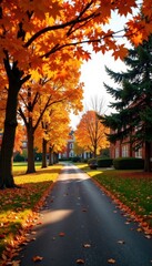 Golden autumn light bathes a college campus road, vibrant fall foliage , fall, red