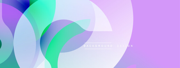 Abstract shapes overlap, creating soft gradients. Purple, green, blue hues dominate design. Minimalist aesthetic, modern feel.