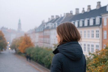 Fototapeta premium traveler admiring scenic european cityscape from distance on foggy morning offering minimalist composition