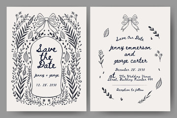 Wedding invitation with hand drawn floral and ribbon illustration. Whimsical floral frame. Perfect for card, poster, flyer