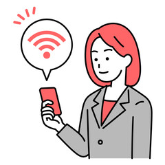 Wi-Fi-に繋がっているスマートフォンを持つスーツの女性