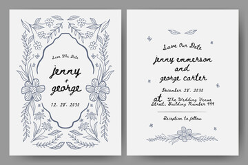 Wedding invitation with hand drawn floral illustration. floral frame line art style. Perfect for card, poster, flyer