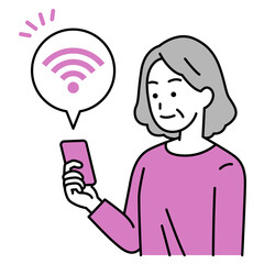Wi-Fi-に繋がっているスマートフォンを持つ年配の女性