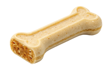 A brown dog biscuit bone, isolated on a white background, is a healthy and edible treat for your canine pet