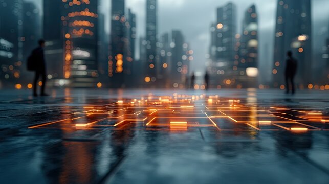 Ethical leadership in AI and emerging technologies, Future of ethical leadership in AI and emerging technologies A futuristic cityscape illuminated by glowing circuits on a rainy street.