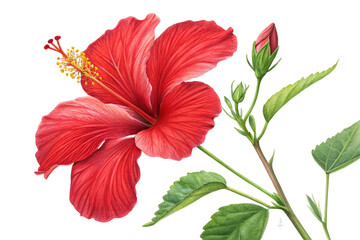 A vibrant red hibiscus blossom, a tropical flower isolated on white, showcases its floral beauty