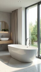 Sleek white freestanding tub, modern bathroom, freestanding bath, home