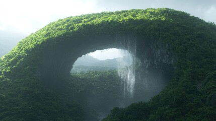 Lush, verdant archway through misty mountains. Water cascading down