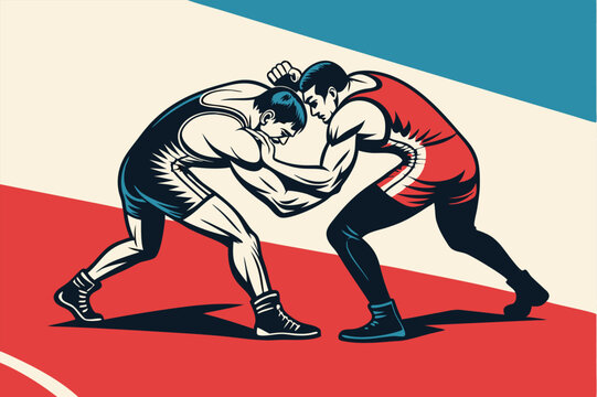 Create a bold vector illustration of an intense wrestling match grapple scene, showcasing powerful muscles and dramatic action.