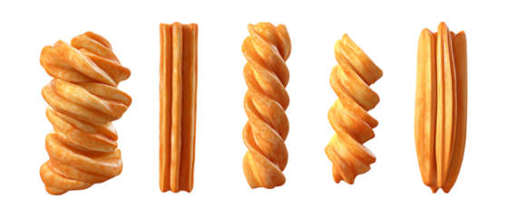 Five different shapes of twisted and straight pastry sticks are displayed in a vertical line, isolated on a stark transparent background.