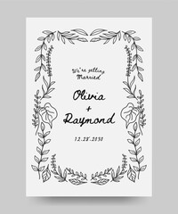 Wedding invitation save the date poster with hand drawn floral illustration. floral frame line art style. Perfect for card, poster, flyer