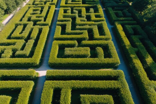 aerial view of intricate hedge maze in minimalistic garden setting emphasizing clean lines and symmetrical patterns