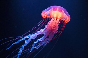 Fototapeta premium Glowing Pacific sea nettle jellyfish swims, showcasing bioluminescent patterns , sea, dark