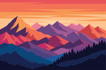 Generate a vibrant, geometric abstract painting depicting a mountain landscape at sunset.  Emphasize sharp lines and bold color contrasts.