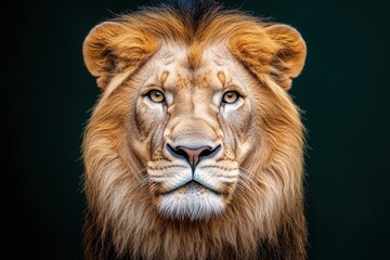 Fototapeta premium A majestic lion stares directly ahead, showcasing its impressive mane against a dark background.