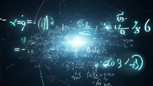 Glowing Science Math Formula Flying From Black Background Towards Camera