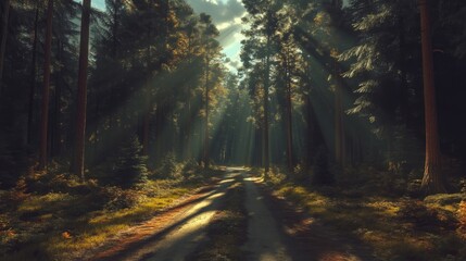 Obraz premium Sunbeams piercing a dense forest path