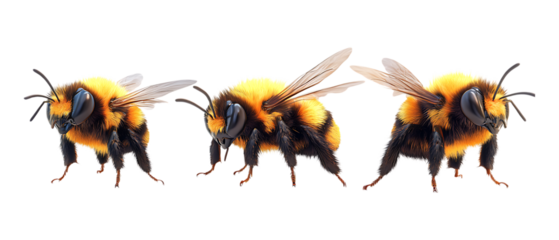 Three fuzzy bumblebees in profile show their striped bodies and transparent wings captured individually isolated on a white backdrop.