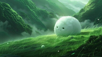 A small, fluffy white creature with a simple face sits calmly on lush green grass under soft daylight with misty, verdant mountains in the background conveying a peaceful, mystical atmosphere