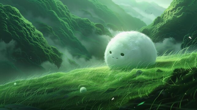 A small, fluffy white creature with a simple face sits calmly on lush green grass under soft daylight with misty, verdant mountains in the background conveying a peaceful, mystical atmosphere