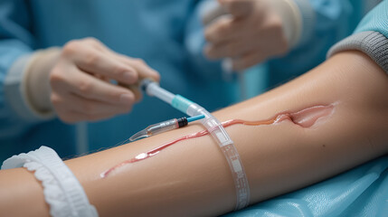 Vascular access surgery for kidney disease with intravenous injection tube on arm blood vessel in medical