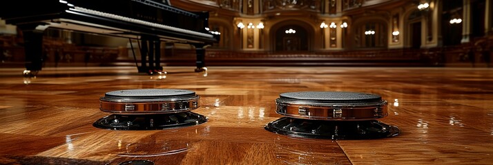 Naklejka premium Acoustic isolation pads on polished hardwood floor in concert hall
