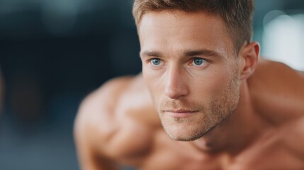 athletic figure performing intense crossfit exercise muscular arms flexed focused expression