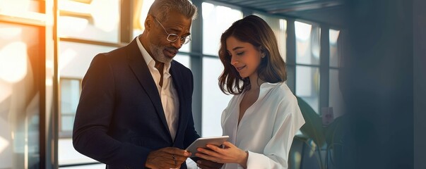 Mature man and young woman smiling and looking at tablet in bright modern office filled with natural light creating warm and collaborative atmosphere