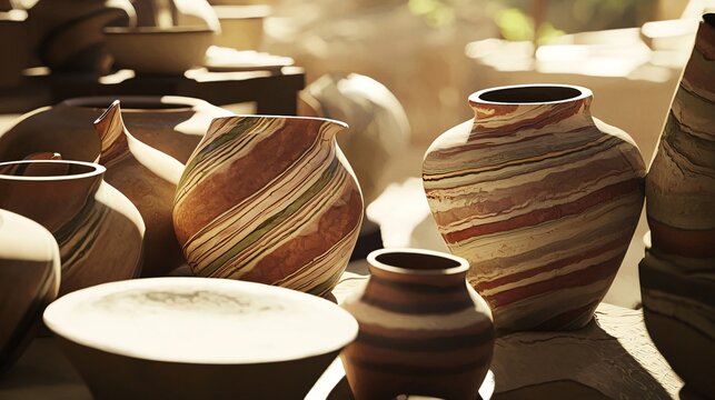 Collection of beautifully crafted marbled pottery showcasing earthy tones and unique designs, celebrating artistic craftsmanship and creativity - Powered by Adobe